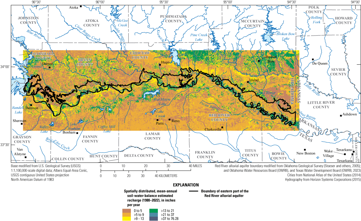 Within study area, mean-annual SWB-estimated recharge generally greatest near the
                              southern boundary, decreasing northward.