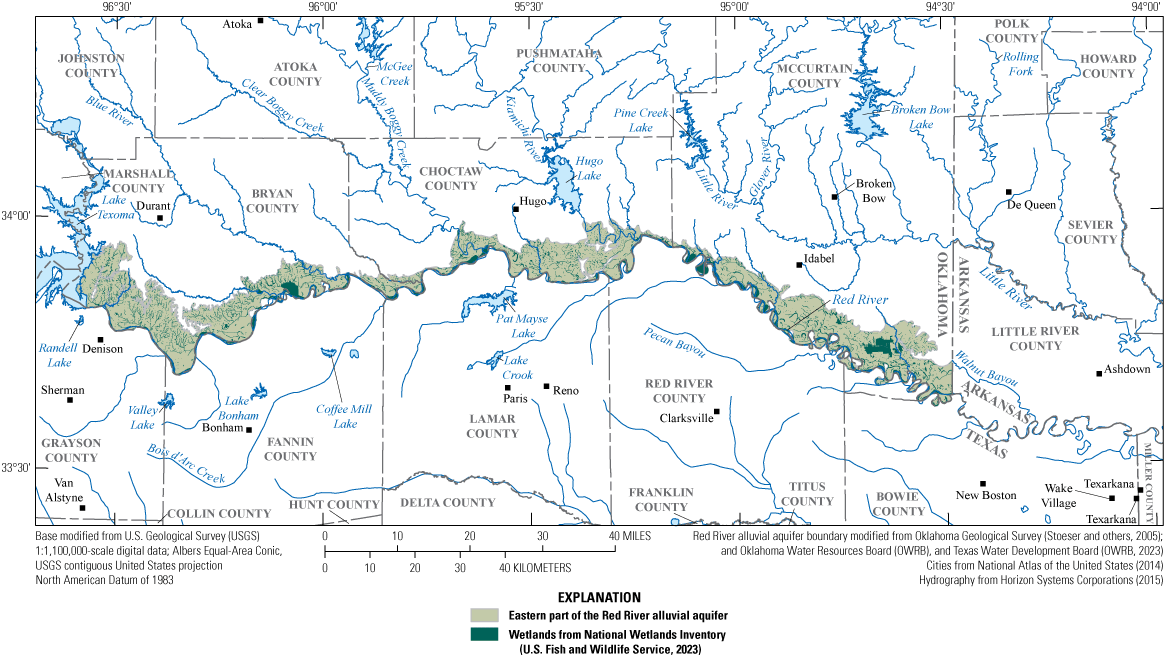 Wetlands present across most of the eastern part of Red River alluvial aquifer.