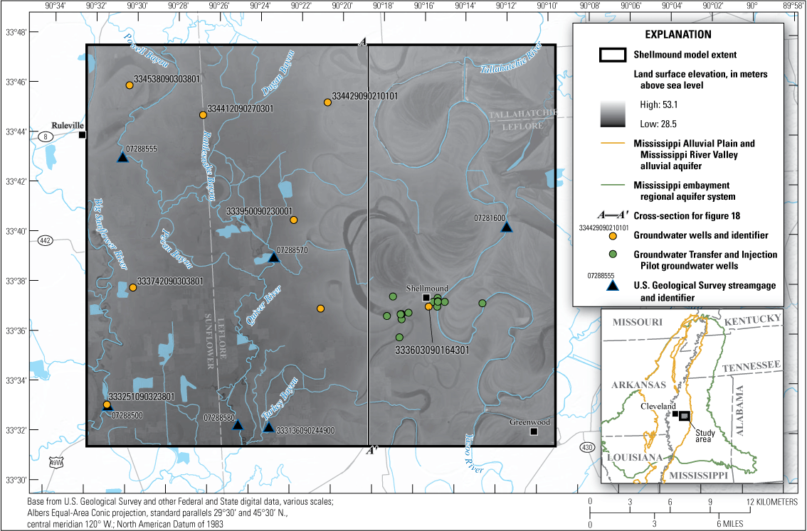 Groundwater wells and streamgages on a map of an area in northwest Mississippi