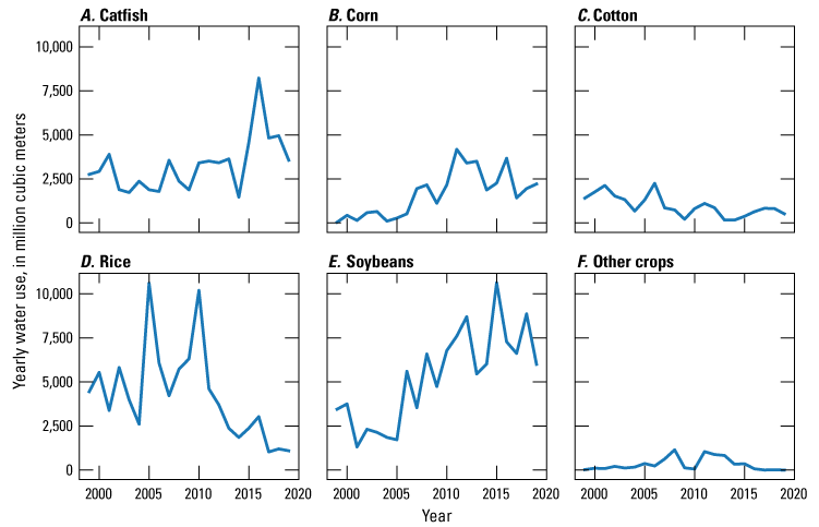 Water use varies for all crops, with the highest being for rice in 2005