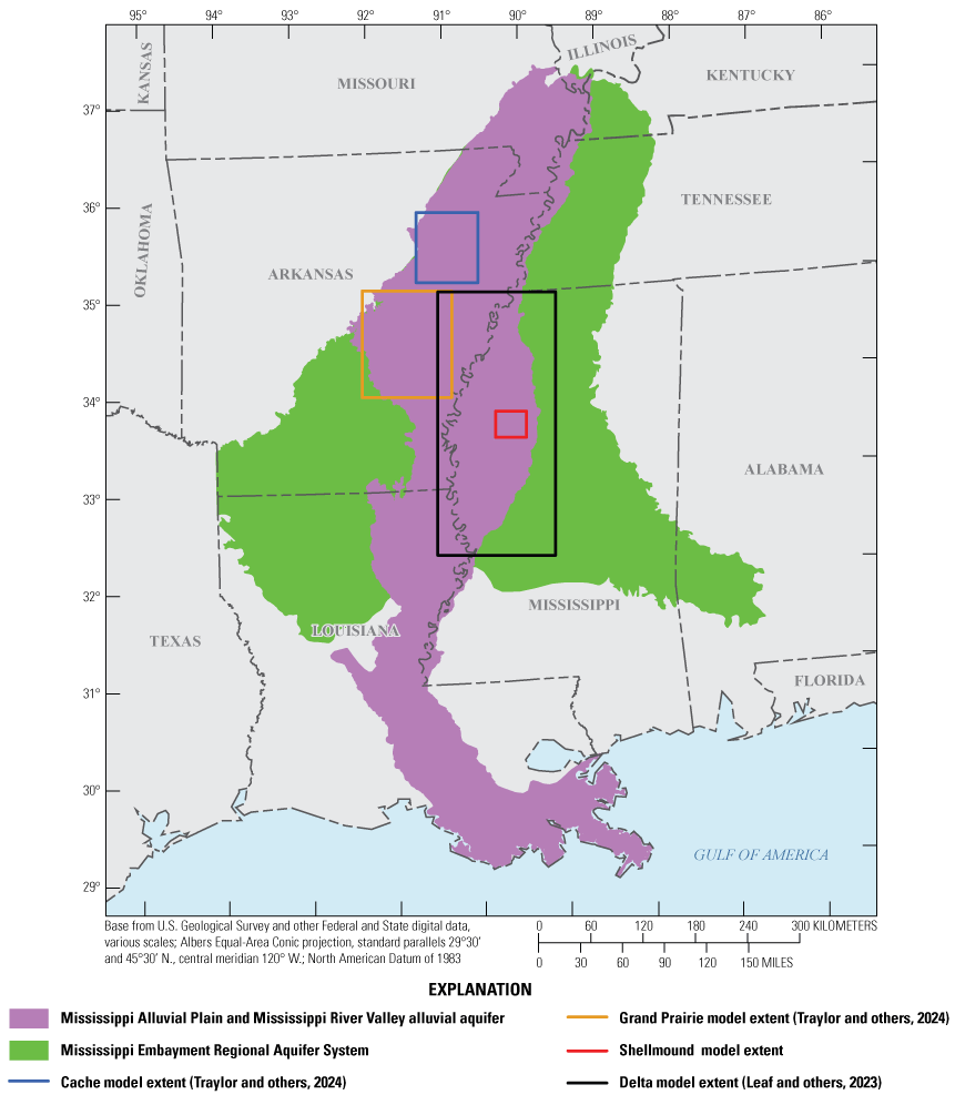 The Cache model is north of the Grand Prairie, Shellmound, and Delta models, and the
Shellmound model extent is within the Delta model extent.