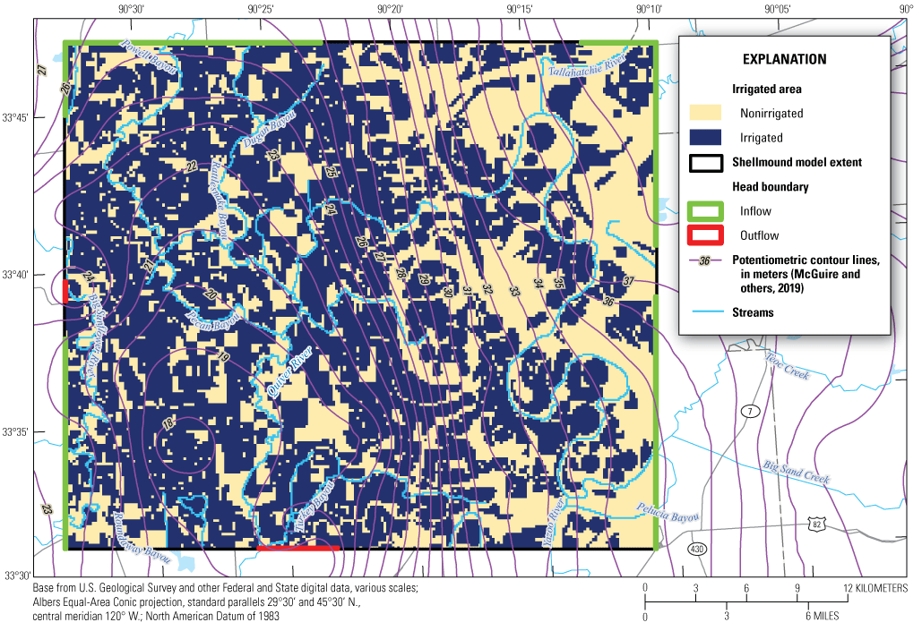 There is more irrigated area than nonirrigated area within the Shellmound model extent