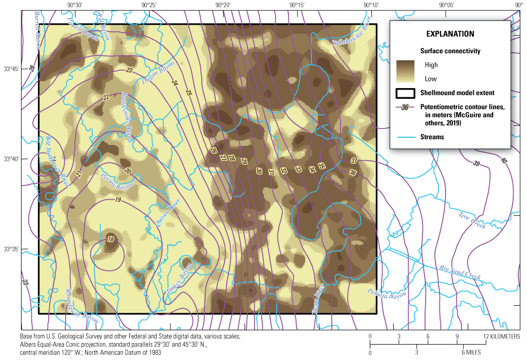 Surface connectivity is mostly low in the western part of the Shellmound model extent
and higher in the eastern part