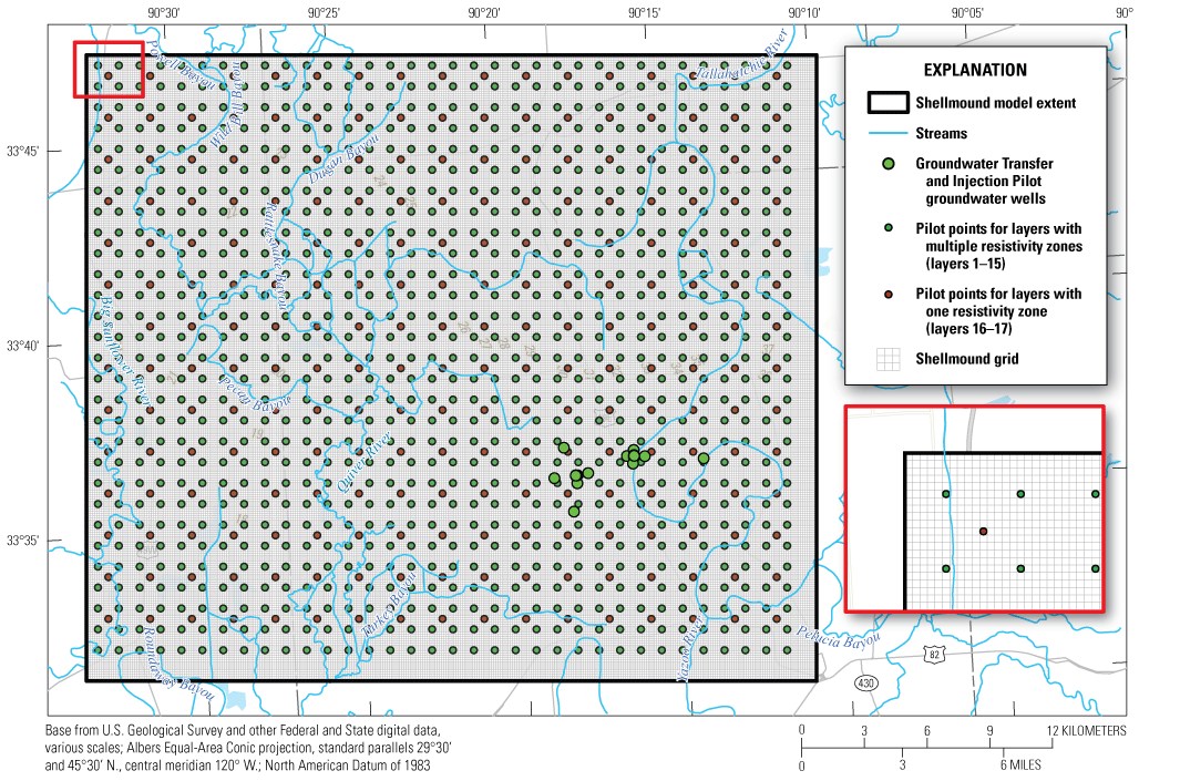 There are pilot point throughout the Shellmound model extent. The groundwater wells
are in the southwest corner of the area