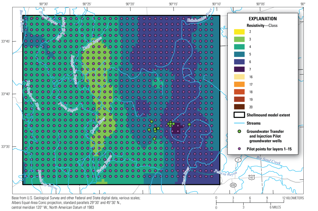 The western part of the Shellmound model extent includes resistivity classes 2, 3,
and 5, and the eastern part includes resistivity classes 5, 6, and 7