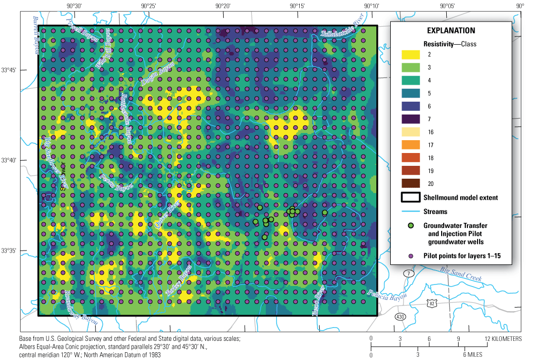 The western and eastern parts of the Shellmound model extent includes resistivity
classes 2, 3, 4, 5, and 6