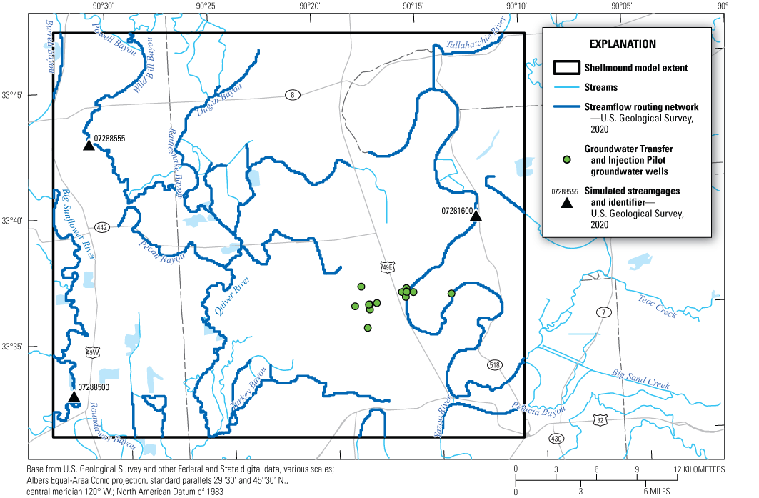 Streamflow routing network ranges throughout the Shellmound model extent