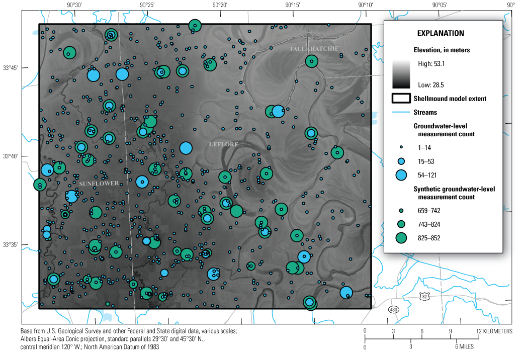 Elevation ranges from 28.5 to 53.1 meters, groundwater-level count ranges from 1 to
121, and synthetic groundwater-level count ranges from 659 to 852