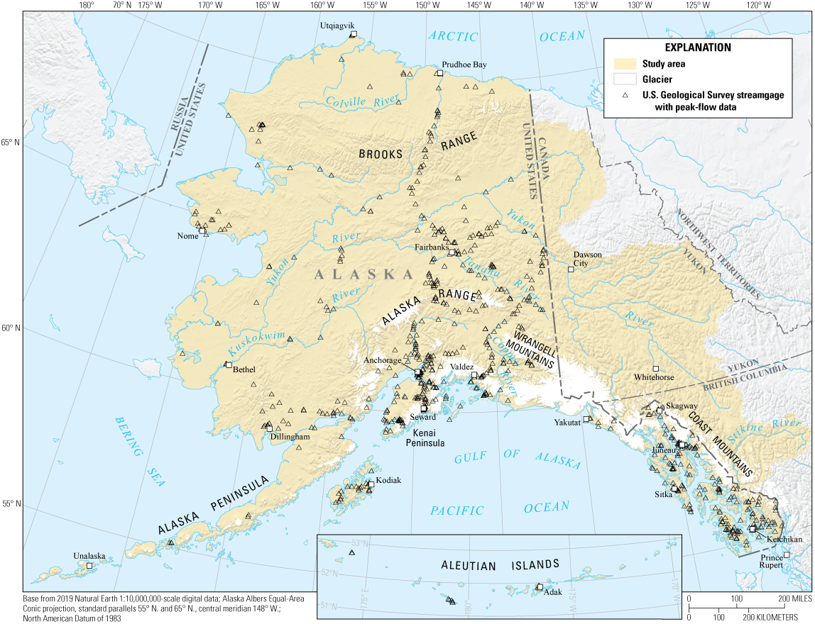 Glaciers are present in the southern third of the study area and in the Brooks Range.
USGS streamgages are mostly located near population centers and major north-south
roadways.