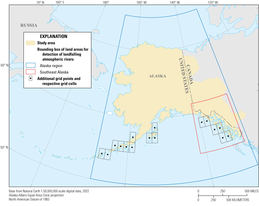 The bounding box for Southeast Alaska is nested within the bounding box for the Alaska
region. The additional grid cells are located in coastal areas with islands.