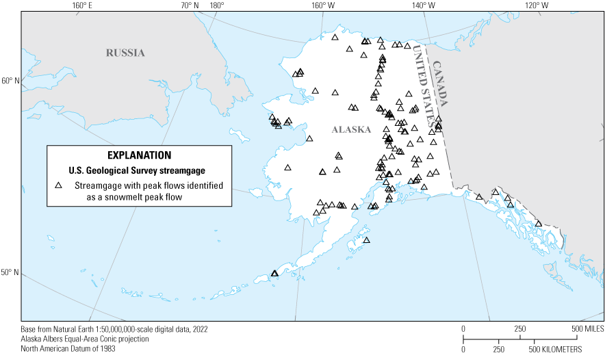 The selected streamgages generally follow the distribution of study streamgages except
that the density of selected streamgages in southeast Alaska is less than for study
streamgages.