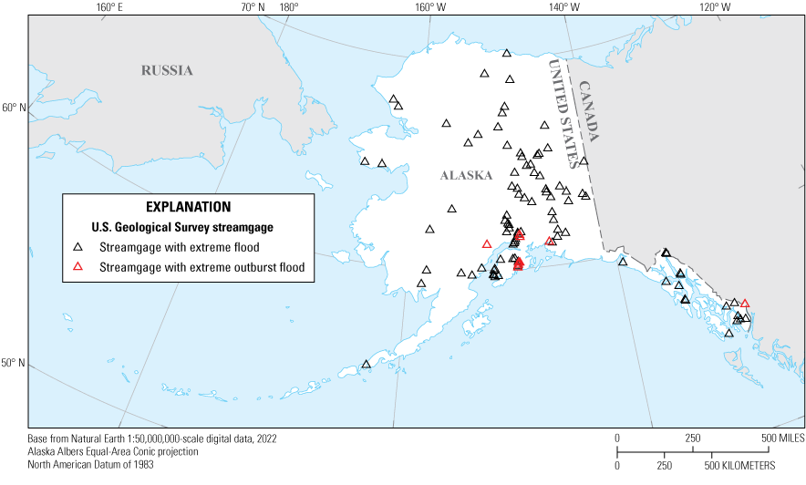 The streamgages with non-outburst extreme floods have a distribution similar to the
distribution of study streamgages, while those with extreme outburst floods only occur
in south-central and southeast Alaska.