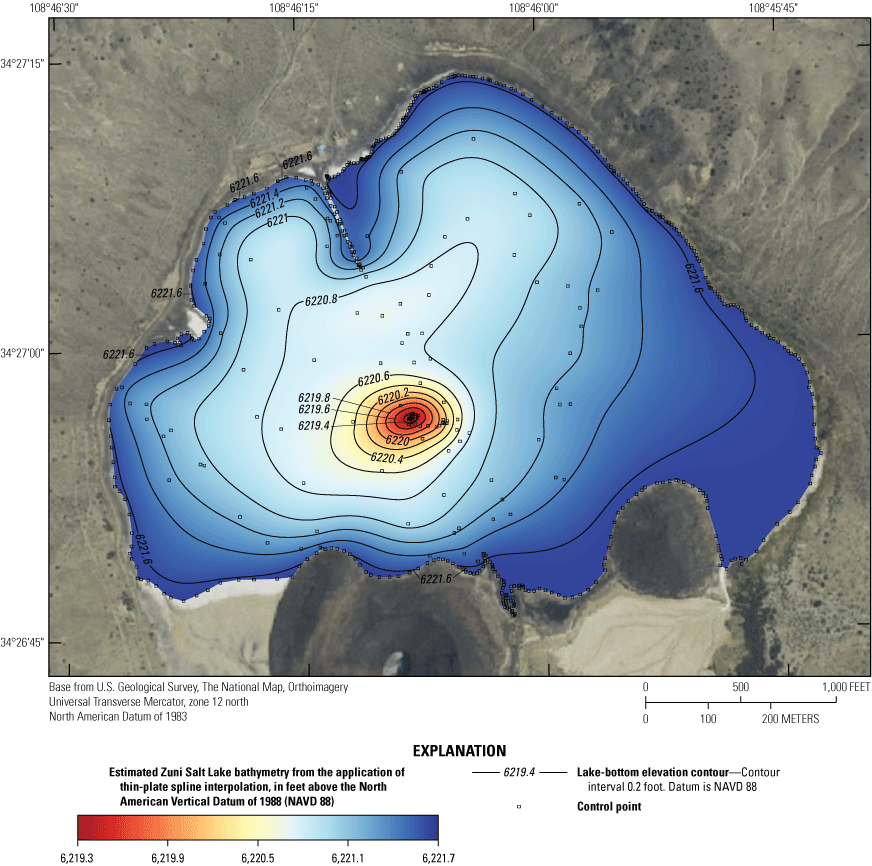 Bathymetric surface is bowl-shaped, with a small conical depression near its center.