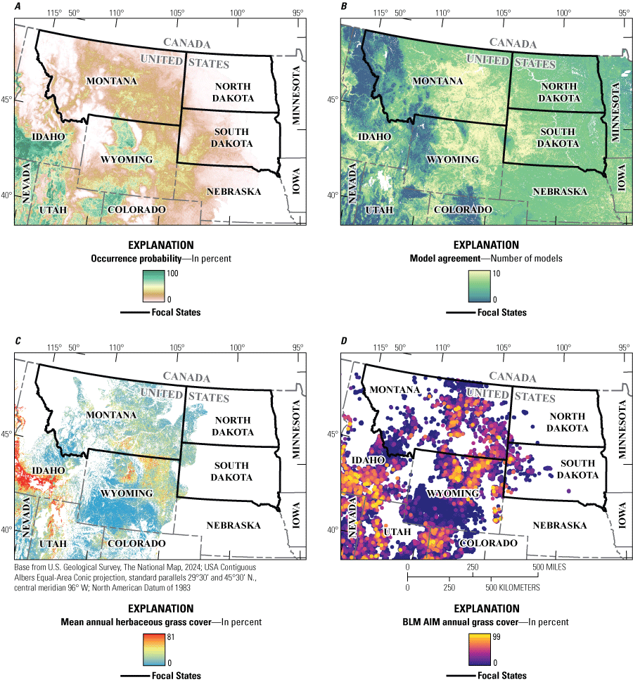 Cheatgrass and Japanese brome occur widely across Montana and South Dakota, where
annual grass cover varies low to high.