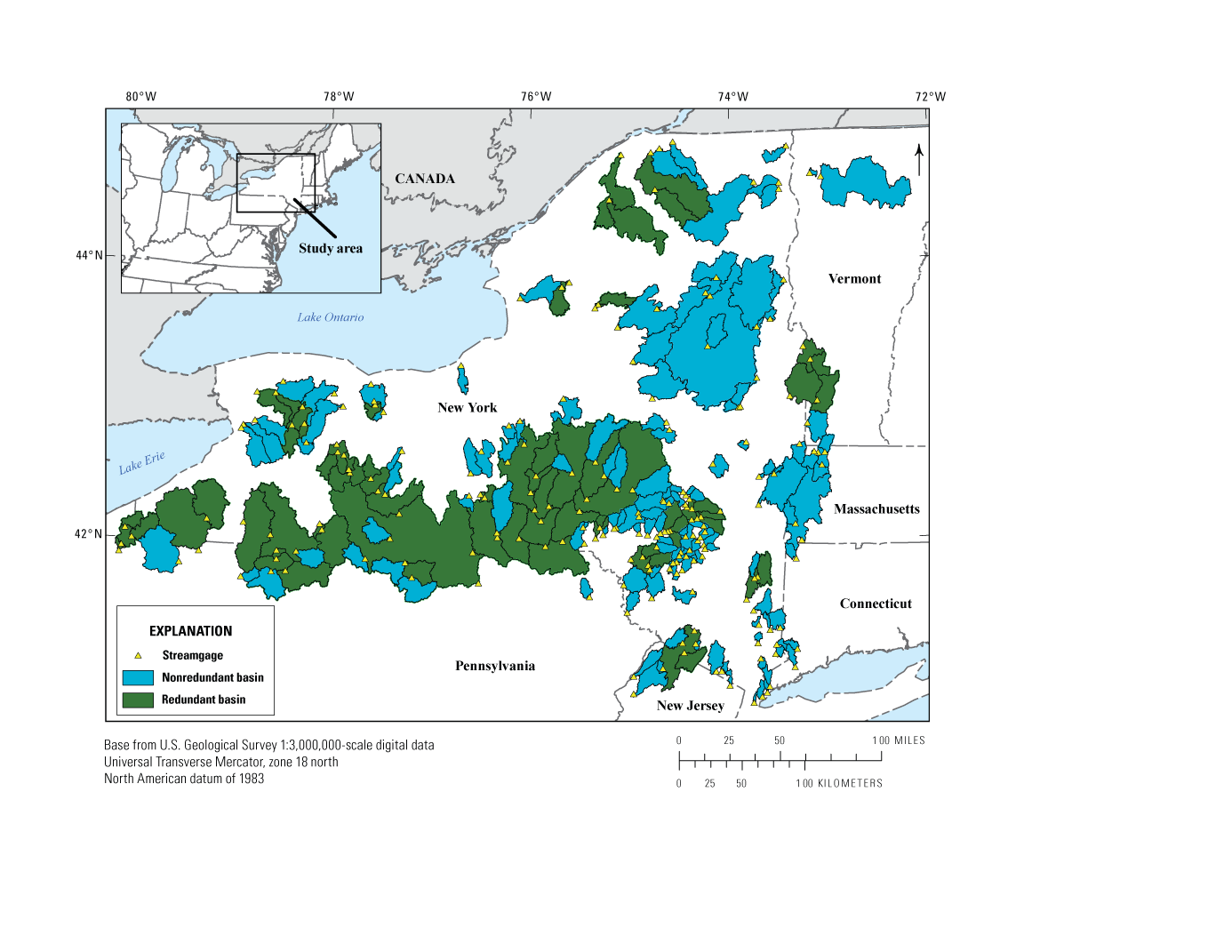 Redundant and nonredundant basins are distributed throughout the study area in equal
                        amounts. About half of the area of New York is within a study basin.