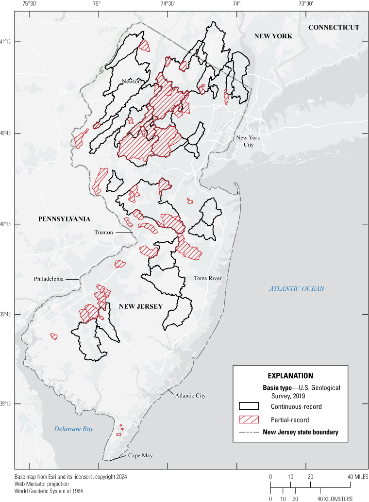 The basins are the densest in the north but are in every part of the state. Some basins
are within other basins. Basins with hash marks show partial-record basins, and bolded
basins with no fill show continuous-record basins.