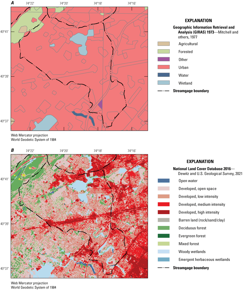 Two photographs of Basin 01395000 show changes in land cover, comparing historical
and current periods. The GIRAS dataset shows a strong prevalence of urban cover with
forested, wetland, and other categories making up a small percentage. The NLCD dataset
show a primary cover of urbanization, but with greater percentages of wetlands, water,
and forest throughout the watershed.