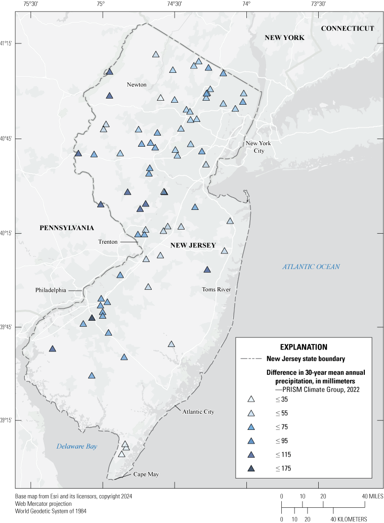 The streamgage locations showing more basins with greater increases in precipitation
between historical and current periods in the central part of the state between.