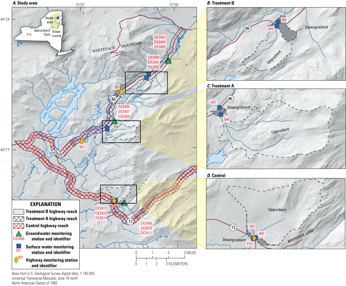 Study area sites are along three sections of winding highway near Lake Placid in the
Adirondack Park of New York.