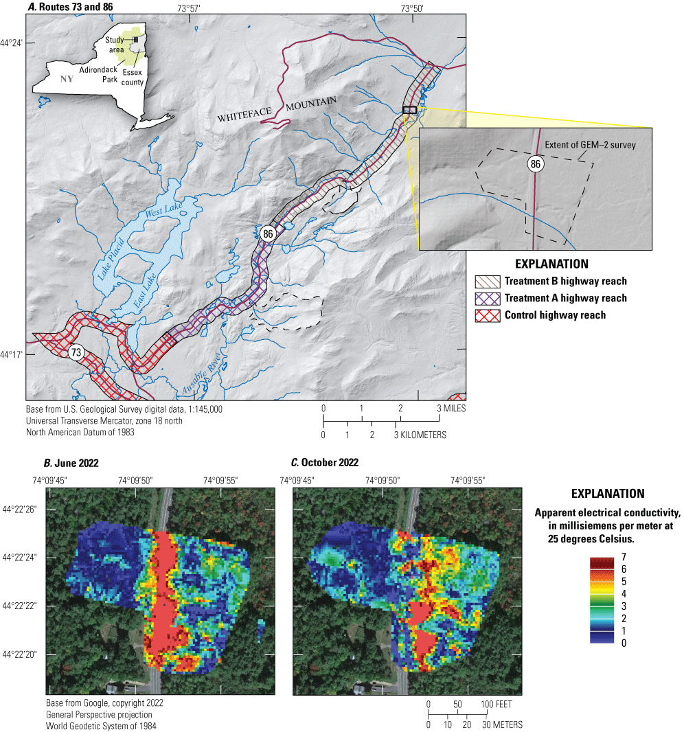 Apparent electrical conductivity was highest in a plume adjacent to the highway. It
was as much 6 millisiemens per meter.