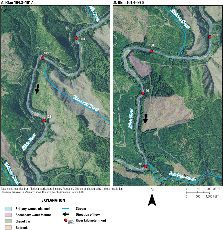 Maps showing mapped bar and channel features as delineated by Gordon and others (2021)
from orthophotographs taken in 2016 (National Agriculture Imagery Program, 2016) for
river kilometers 104.3–97.9 in the Upper Canyon reach of the Siletz River, western
Oregon.