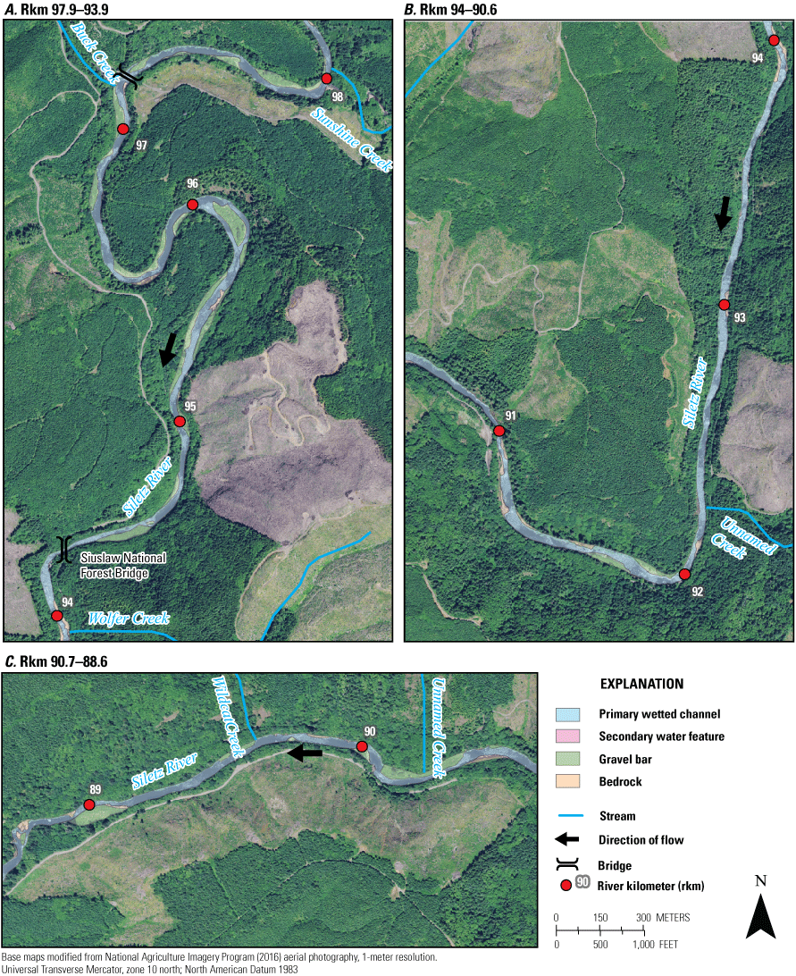 Maps showing mapped bar and channel features as delineated by Gordon and others (2021)
from orthophotographs taken in 2016 (National Agriculture Imagery Program, 2016) for
river kilometers 97.9–88.6 in the Lower Canyon reach of the Siletz River, western
Oregon.