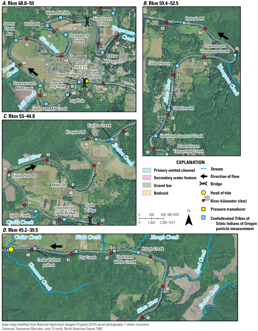 Maps showing mapped bar and channel features as delineated by Gordon and others (2021)
from orthophotographs taken in 2016 (National Agriculture Imagery Program, 2016) and
pressure transducer locations (Leahy and others, 2024) for river kilometers 68.8–39.5
in the Mill Creek reach of the Siletz River, western Oregon.