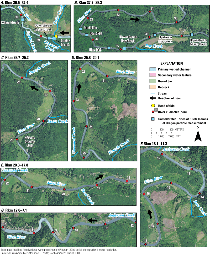Maps showing mapped bar and channel features as delineated by Gordon and others (2021)
from orthophotographs taken in 2016 (National Agriculture Imagery Program, 2016) for
river kilometers 39.5–7.1 in the Tidal reach of the Siletz River, western Oregon.