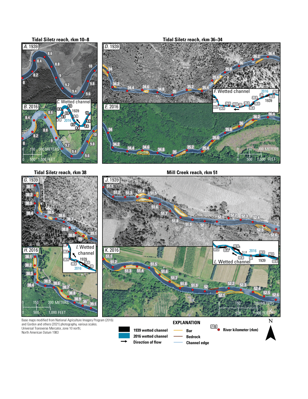 Maps showing examples of repeat bar and channel mapping (including bars, bedrock,
channel edges, and wetted channel area; Gordon and others, 2021) in locations where
bar area increased from 1939 to 2016 near river kilometers 51.0, 38.0, 36.0–34.0,
and 10.0–8.0 along the Siletz River, western Oregon. Photographs from 1939 are used
with permission from University of Oregon, taken July 22, 1939.
