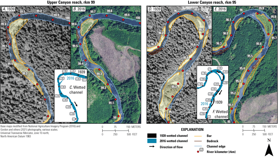 Maps showing examples of repeat bar and channel mapping (including bars, bedrock,
channel edges, and wetted channel area; Gordon and others, 2021) in locations where
the bar area decreased from 1939 to 2016 near river kilometers 99 and 95 along the
Siletz River, western Oregon. Photographs from 1939 are used with permission from
University of Oregon, taken July 22, 1939.