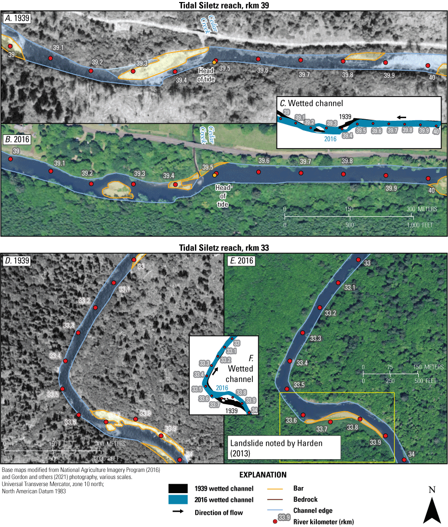 Maps showing examples of repeat bar and channel mapping (including bars, bedrock,
channel edges, and wetted channel area; Gordon and others, 2021) in locations where
bars area decreased from 1939 to 2016 near river kilometers (rkm) 39 and 33 along
the Siletz River, western Oregon. The landslide near rkm 33 was identified by Harden
(2013). The 1939 photographs are from Gordon and others (2021) and 2016 photographs
are from the National Agriculture Imagery Program (2016).