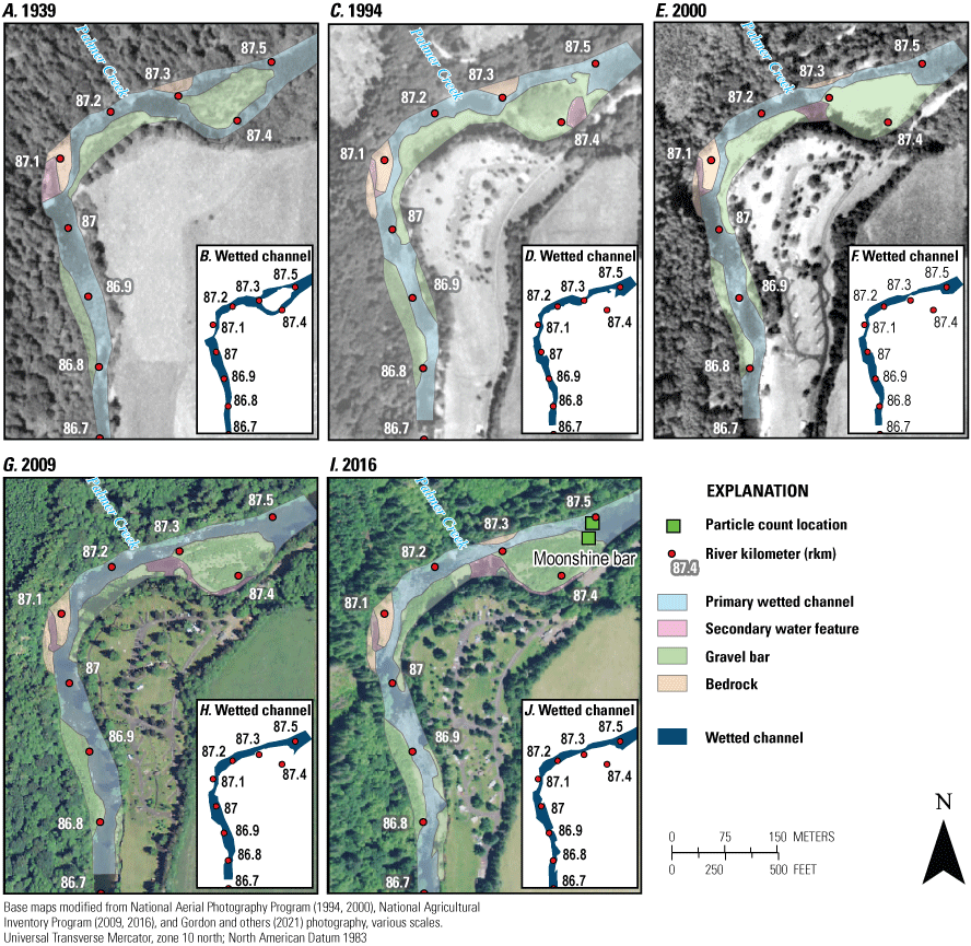 Maps showing changes in mapped bar and channel features from 1939, 1994, 2000, 2009,
and 2016 (Gordon and others, 2021) for sub-reach 7 at Moonshine Park (river kilometers
86–87) along the Siletz River, western Oregon. Photographs from 1939 are used with
permission from University of Oregon, taken July 22, 1939. Particle count locations
are from Jones and Keith (2021).