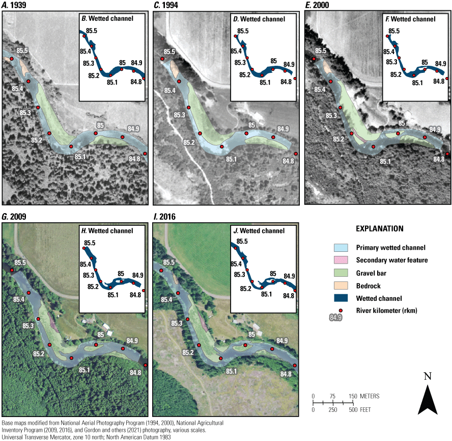 Maps showing changes in mapped bar and channel features (Gordon and others, 2021)
from 1939, 1994, 2000, 2009, and 2016 for sub-reach 6 upstream from Baker Creek (river
kilometers 84–85) along the Siletz River, western Oregon. Photographs from 1939 are
used with permission from University of Oregon, taken July 22, 1939.