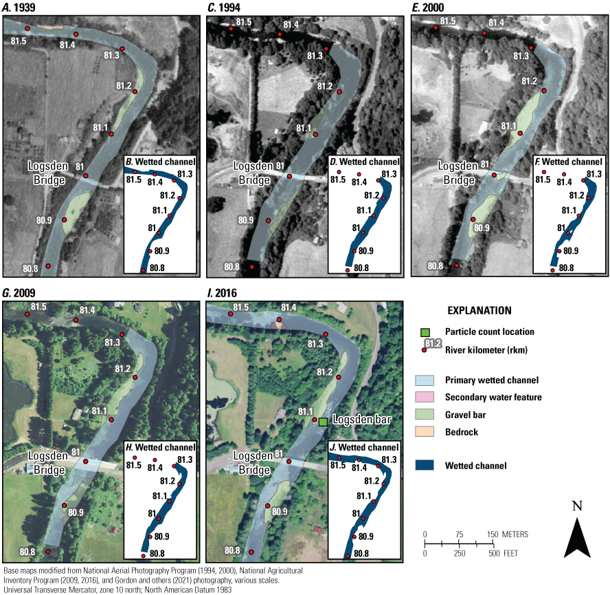 Maps showing changes in mapped bar and channel features (Gordon and others, 2021)
from 1939, 1994, 2000, 2009, and 2016 for sub-reach 5 upstream at Logsden Bridge (river
kilometers 80–81) along the Siletz River, western Oregon. Photographs from 1939 are
used with permission from University of Oregon, taken July 22, 1939.