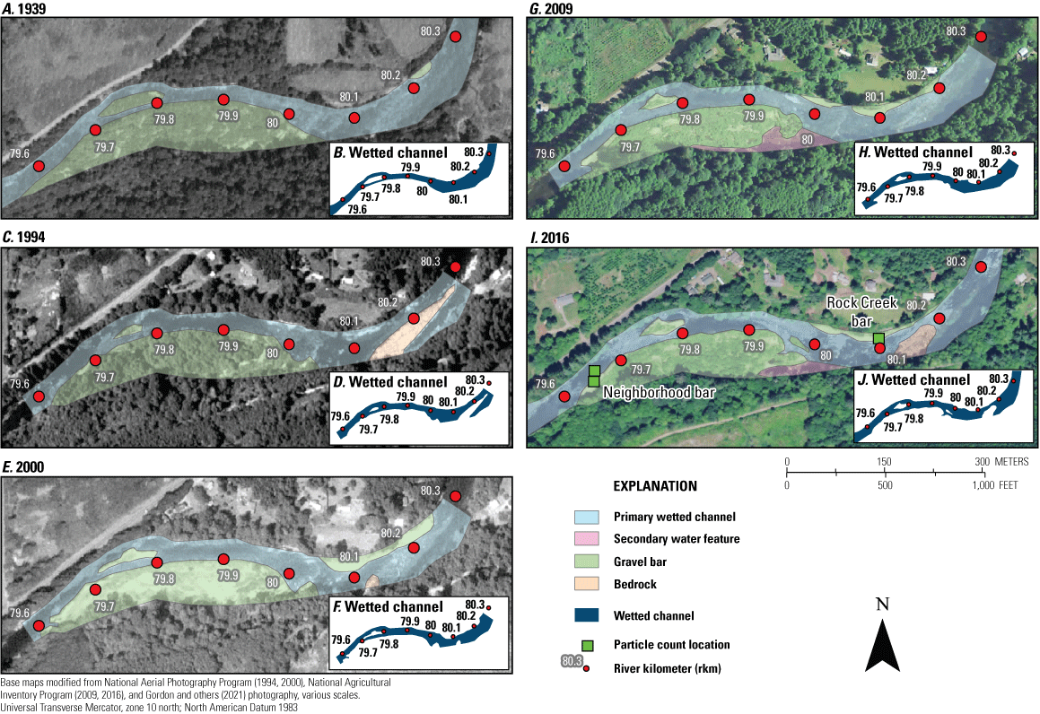 Maps showing changes in mapped bar and channel features (Gordon and others, 2021)
from 1939, 1994, 2000, 2009, and 2016 for sub-reach 4 at Rock Creek (river kilometers
79–80) along the Siletz River, western Oregon. Photographs from 1939 are used with
permission from University of Oregon, taken July 22, 1939. Particle count locations
are from Jones and Keith (2021).