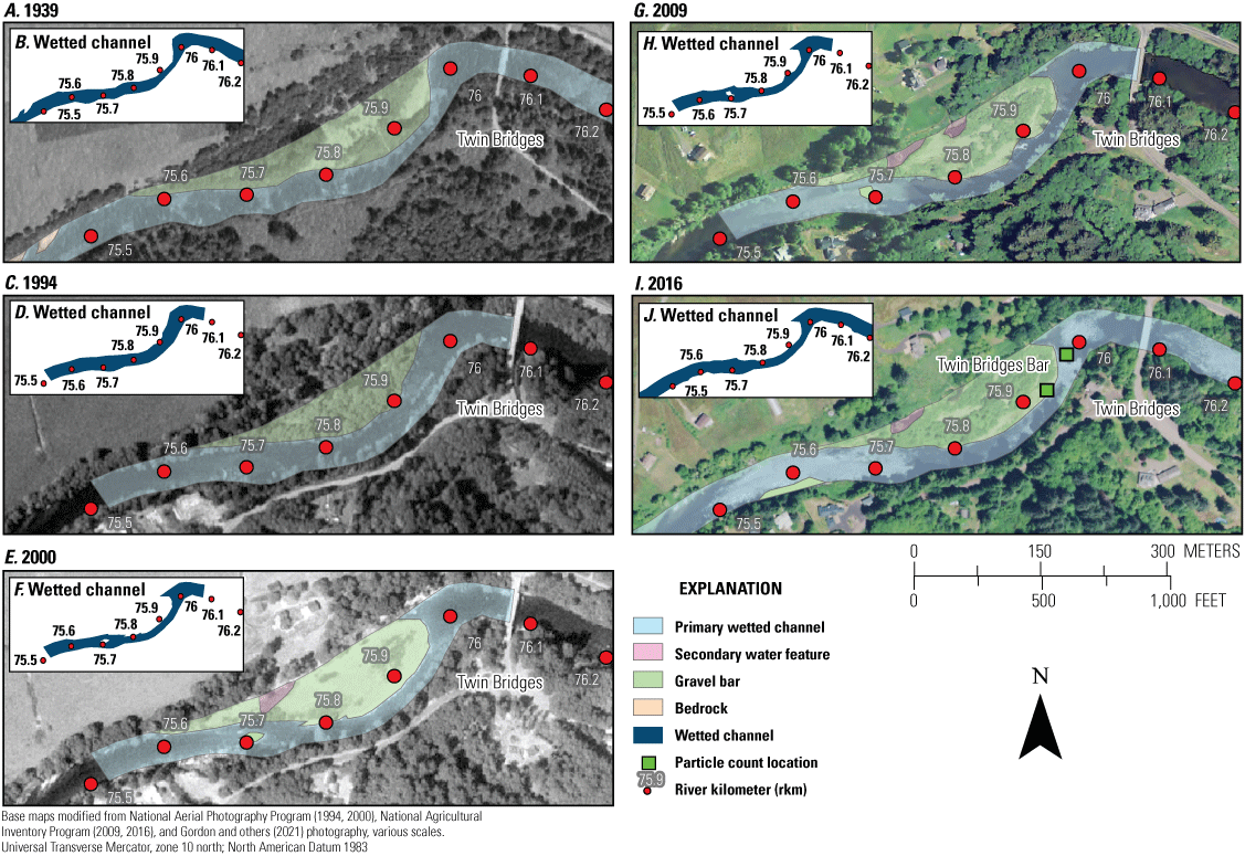 Maps showing changes in mapped bar and channel features by (Gordon and others, 2021))
from 1939, 1994, 2000, 2009, and 2016 for sub-reach 3 at Twin Bridges (river kilometers
75–76) along the Siletz River, western Oregon. Photographs from 1939 are used with
permission from University of Oregon, taken July 22, 1939. Particle count locations
are from Jones and Keith (2021).