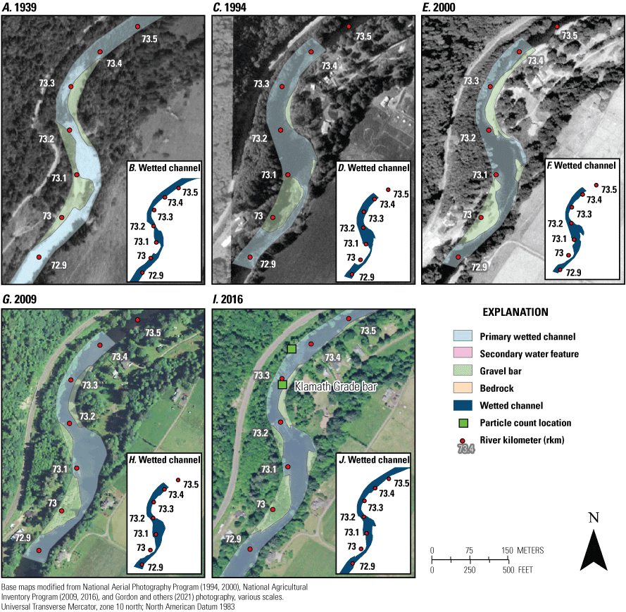 Maps showing changes in mapped bar and channel features (Gordon and others, 2021)
from 1939, 1994, 2000, 2009, and 2016 for sub-reach 2 at Klamath Grade bar (river
kilometers 72–73) along the Siletz River, western Oregon. Photographs from 1939 are
used with permission from University of Oregon, taken July 22, 1939.Particle count
locations are from Jones and Keith (2021).