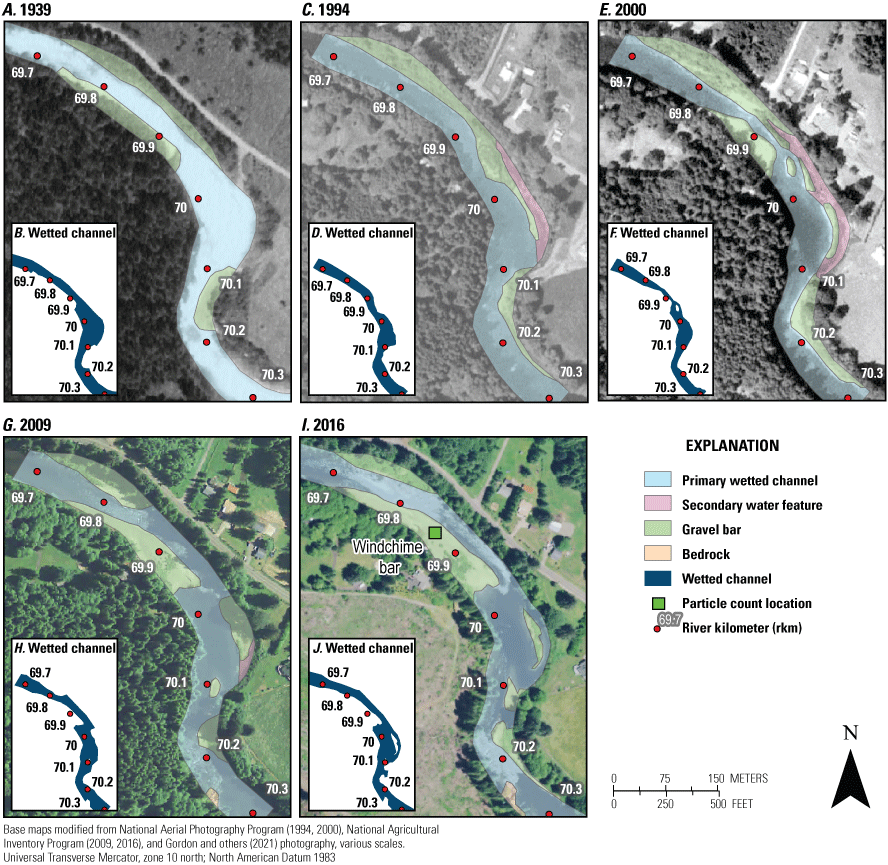 Maps showing changes in mapped bar and channel features (Gordon and others, 2021)
from 1939, 1994, 2000, 2009, and 2016 for sub-reach 1 at Windchime bar (river kilometers
69–70.3) along the Siletz River, western Oregon. Photographs from 1939 are used with
permission from University of Oregon, taken July 22, 1939. Particle count locations
are from Jones and Keith (2021).