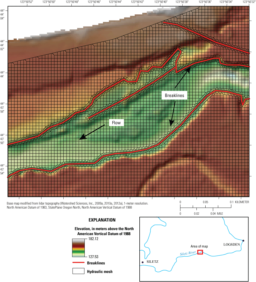 Example of the two-dimensional (2D) mesh and breaklines for the 2D hydraulic model
(White and others, 2025) along the Siletz River, Oregon.