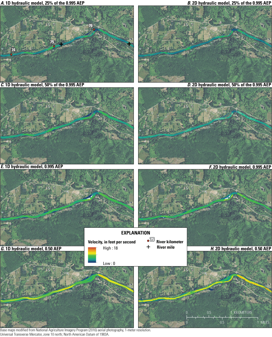 Maps showing velocity results near Twin Bridges for A, 1D-model, 25 percent of the
0.995 AEP, B, 2D-model, 25 percent of the 0.995 AEP, C, 1D-model, 50 percent of the
0.995 AEP, D, 2D-model, 50 percdent of the 0.995 AEP, E, 1D-model, 0.995 AEP, F, 2D-model,
0.995 AEP, G, 1D-model, 0.50 AEP, and H, 2D-model, 0.50 AEP used for model calibration
(White and others, 2025).