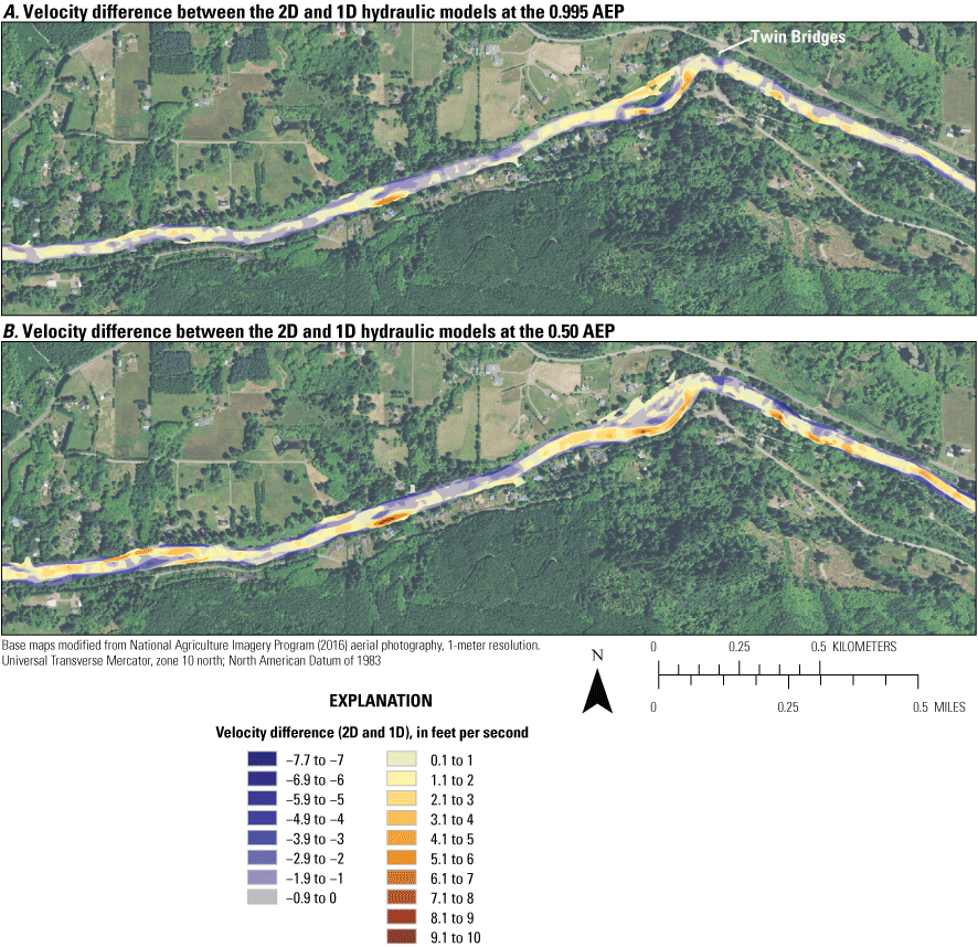 Two-dimensional (2D) model results of velocity minus one-dimensional (1D) results
for the same reach along the Siletz River near Twin Bridges for the 0.995 and 0.50
annual exceedance probability values (White and others, 2025). Positive values indicate
velocity in the 2D model is greater than the 1D model. Negative values indicate the
velocity in the 1D model is greater than the 2D model. Flow is from right to left.