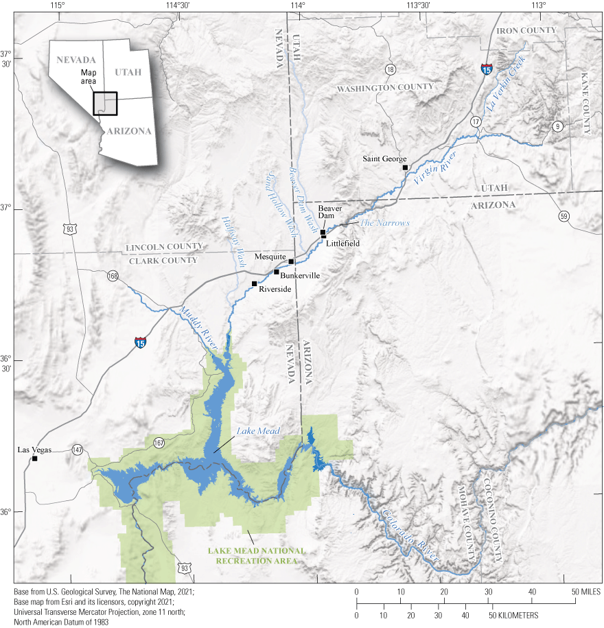 1. The Virgin River begins in Utah, flows through Northwest Arizona, then flows through
Nevada to Lake Mead.