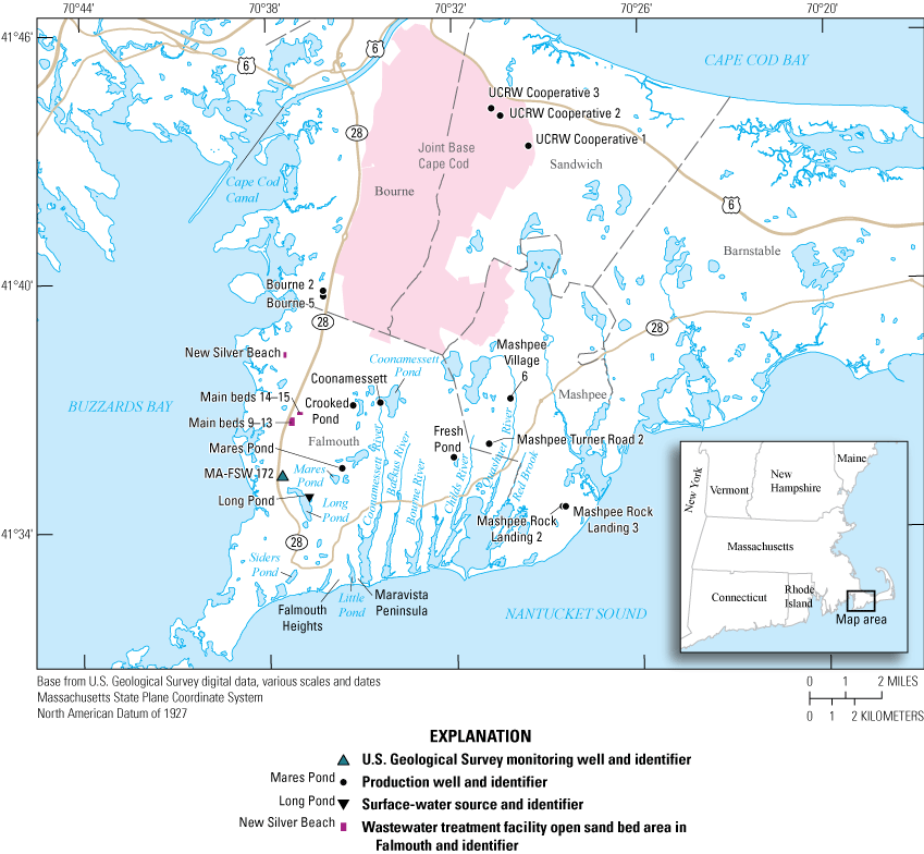 Map showing wells, a surface water source, wastewater treatment facilities in Falmouth,
                     and 9 additional production wells.