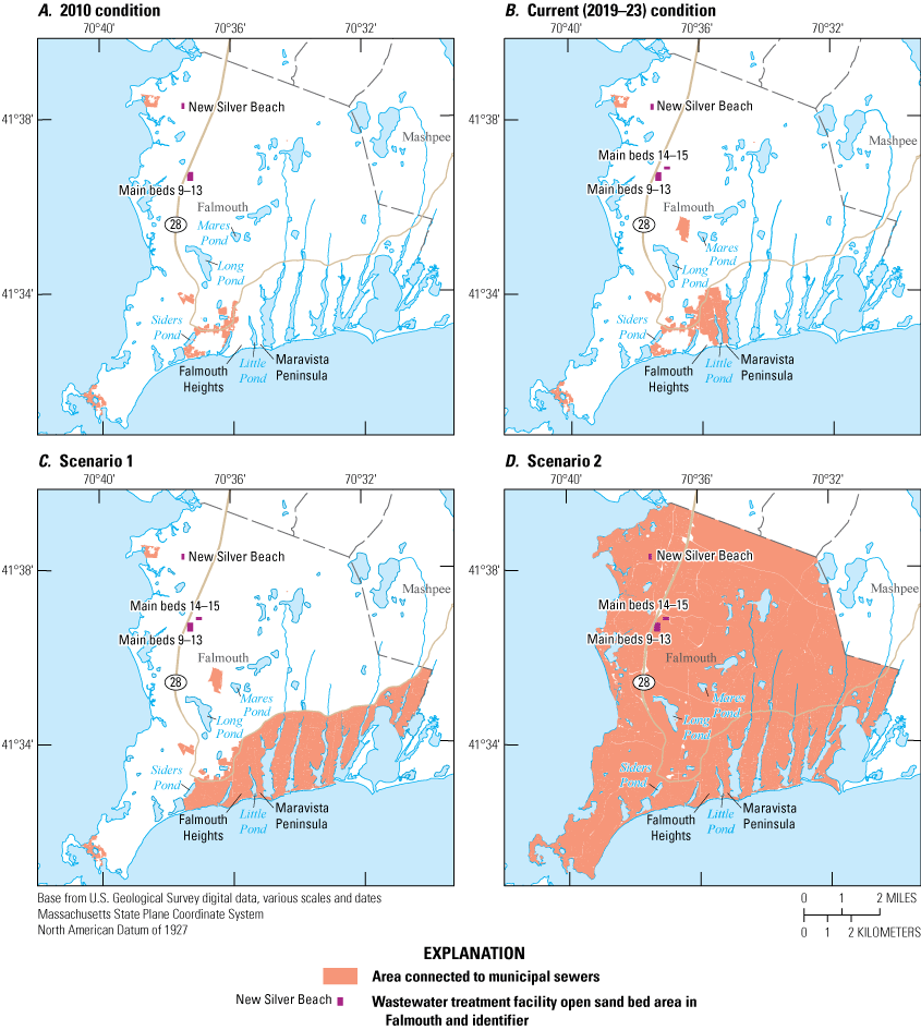 In 2010, few properties were connected to sewers; 2019–23 saw connections in Falmouth
                        Heights and Maravista.
