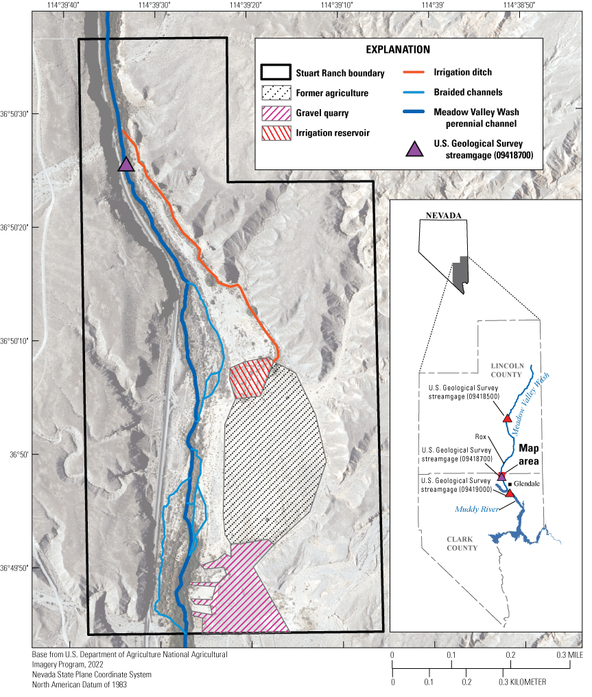 1. Stuart Ranch study area, including location of the USGS streamgage and Meadow Valley
                     Wash