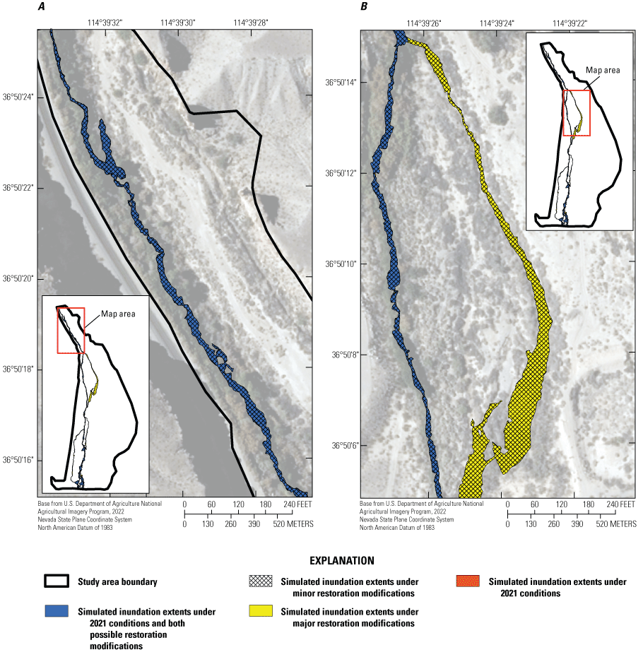 7. Simulated inundation extents for base flow under 2021 conditions and possible restoration
                     modifications at the Stuart Ranch study area