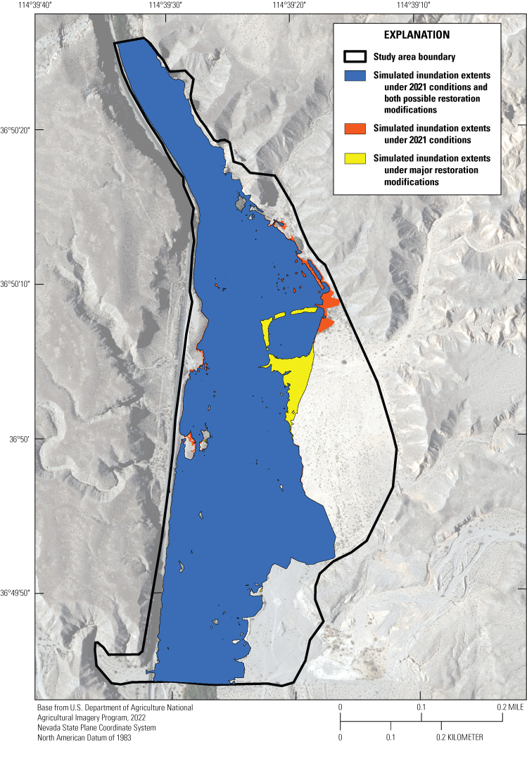 8. Simulated inundation extents for 1-percent annual exceedance probability streamflow
                     under 2021 conditions and possible restoration modifications at the Stuart Ranch study
                     area