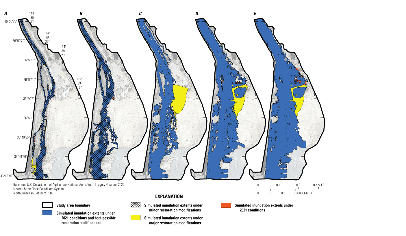 9. Simulated inundation extents for 50-, 20-, 10-, 4-, and 2-percent annual exceedance
                     probability streamflows under 2021 conditions and possible restoration modifications
                     at the Stuart Ranch study area