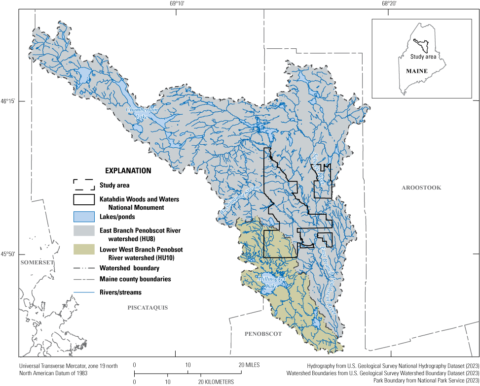 The East Branch Penobscot River watershed is an eight-digit hydrologic unit area north
of the Lower West Branch Penobscot River watershed, which is a smaller 10-digit hydrologic
unit area. The study area is in parts of Penobscot, Piscataquis, Somerset, and Aroostook
Counties.