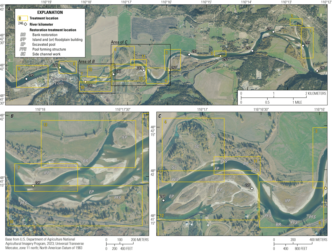 A variety of restoration treatments were constructed in the Straight and Braided Reaches
of the Kootenai River